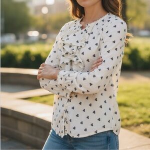 Boden cotton long sleeve button down blouse with ruffle collar white and navy 8